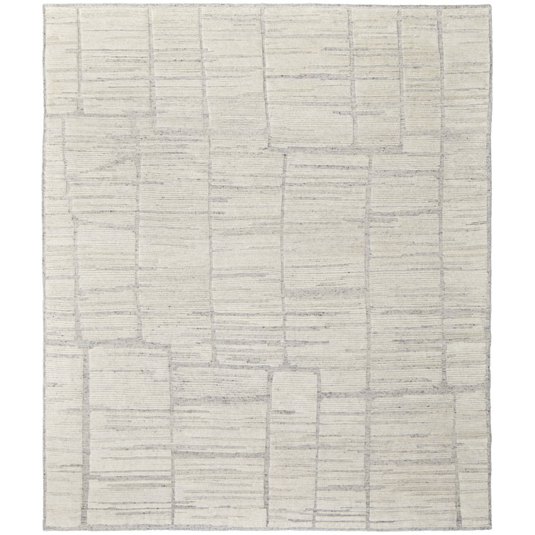 Hand-Knotted Ivory Wool Geometric Area Rug, 2' x 8'