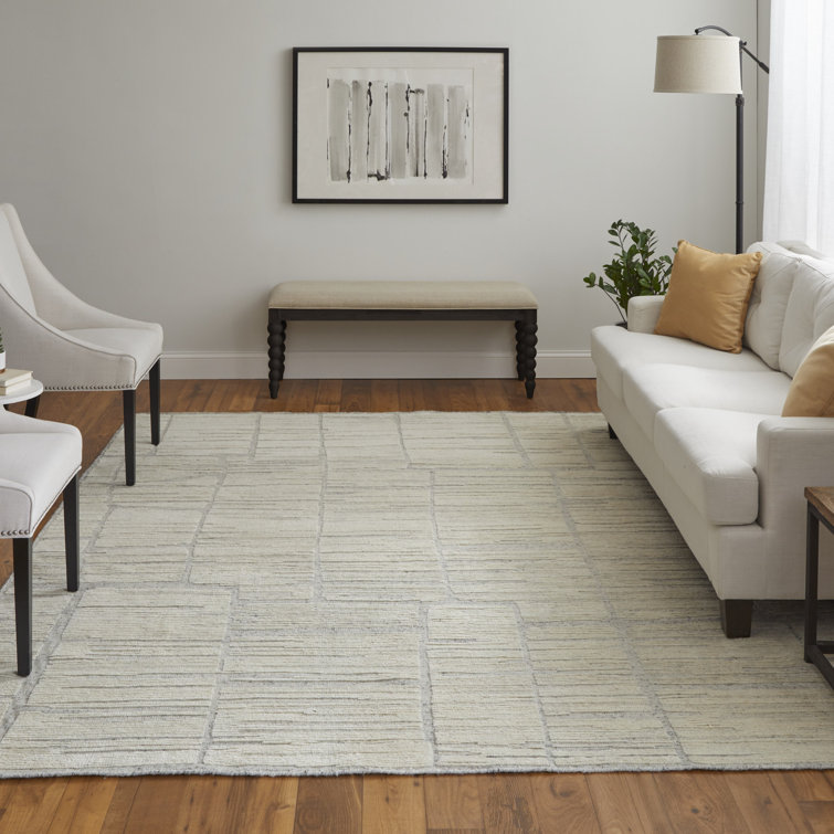 Hand-Knotted Ivory Wool Geometric Area Rug, 2' x 8'