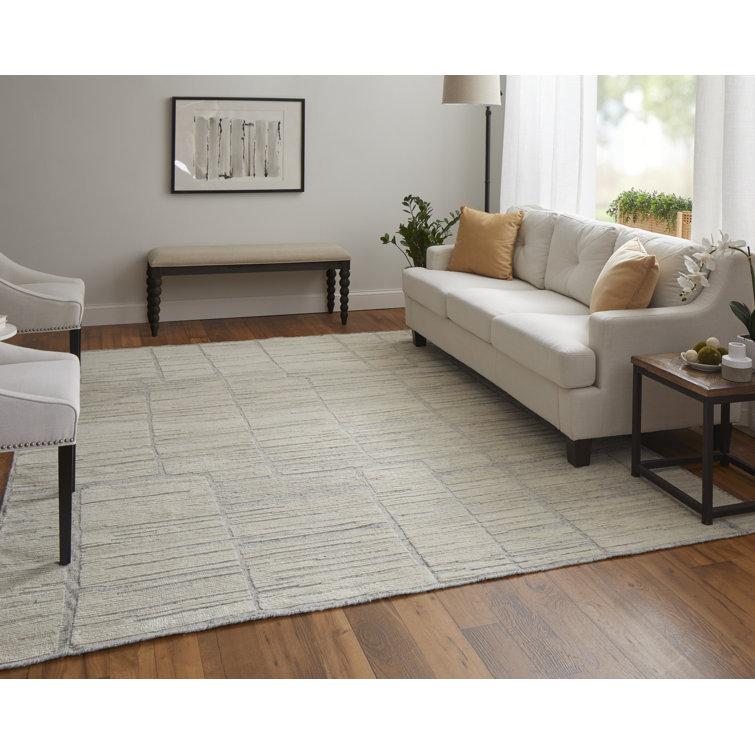 Hand-Knotted Ivory Wool Geometric Area Rug, 2' x 8'