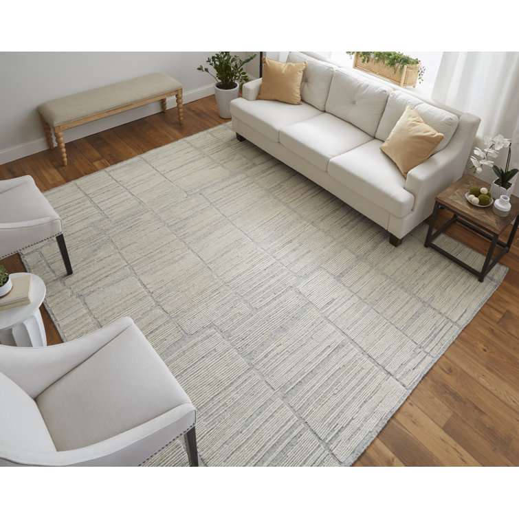 Hand-Knotted Ivory Wool Geometric Area Rug, 2' x 8'
