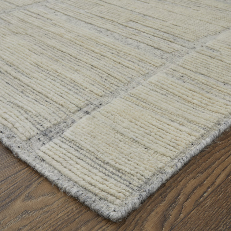 Hand-Knotted Ivory Wool Geometric Area Rug, 2' x 8'