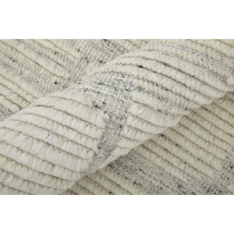 Hand-Knotted Ivory Wool Geometric Area Rug, 2' x 8'