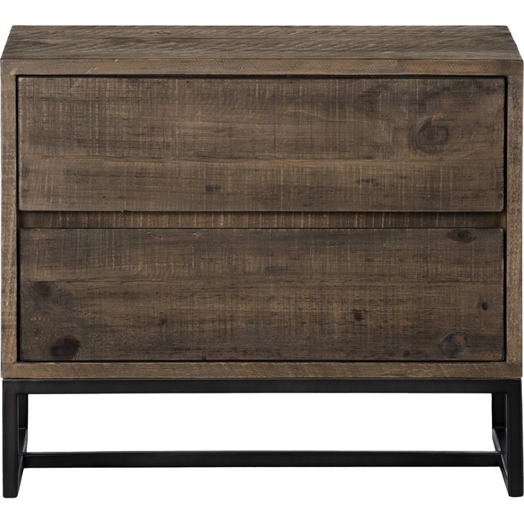 Rustic Transitional Solid Pine 2-Drawer Nightstand with Metal Base