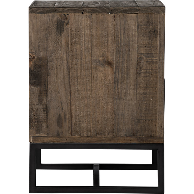 Rustic Transitional Solid Pine 2-Drawer Nightstand with Metal Base