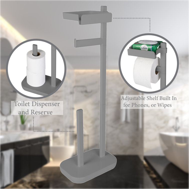 Gray Freestanding 3-in-1 Toilet Paper Holder with Adjustable Shelf