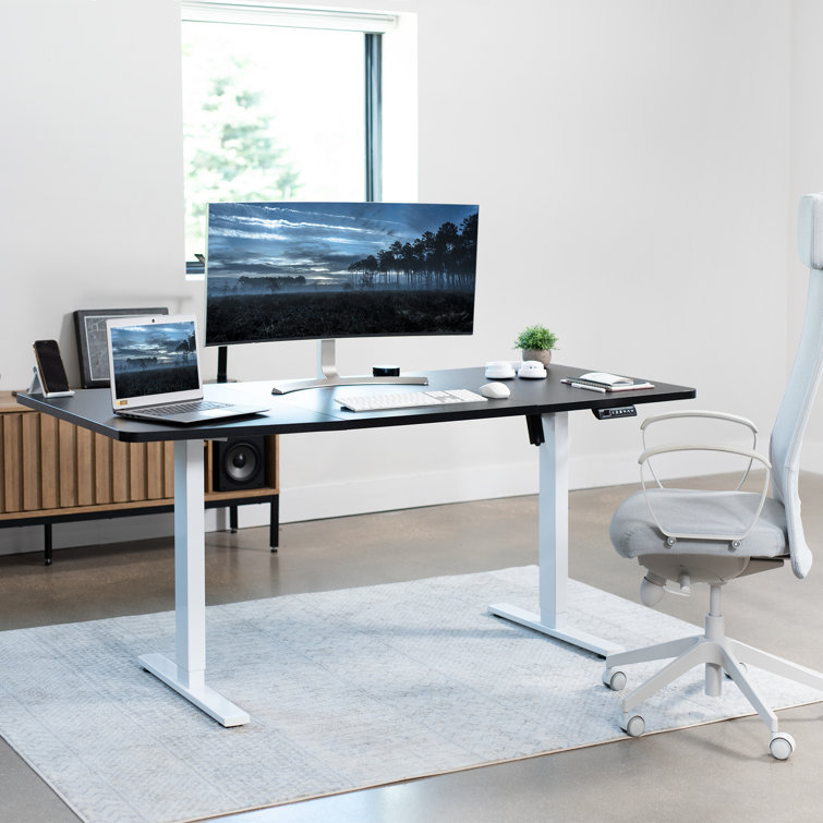 White and Black Adjustable Height Electric Standing Desk with Wood Top