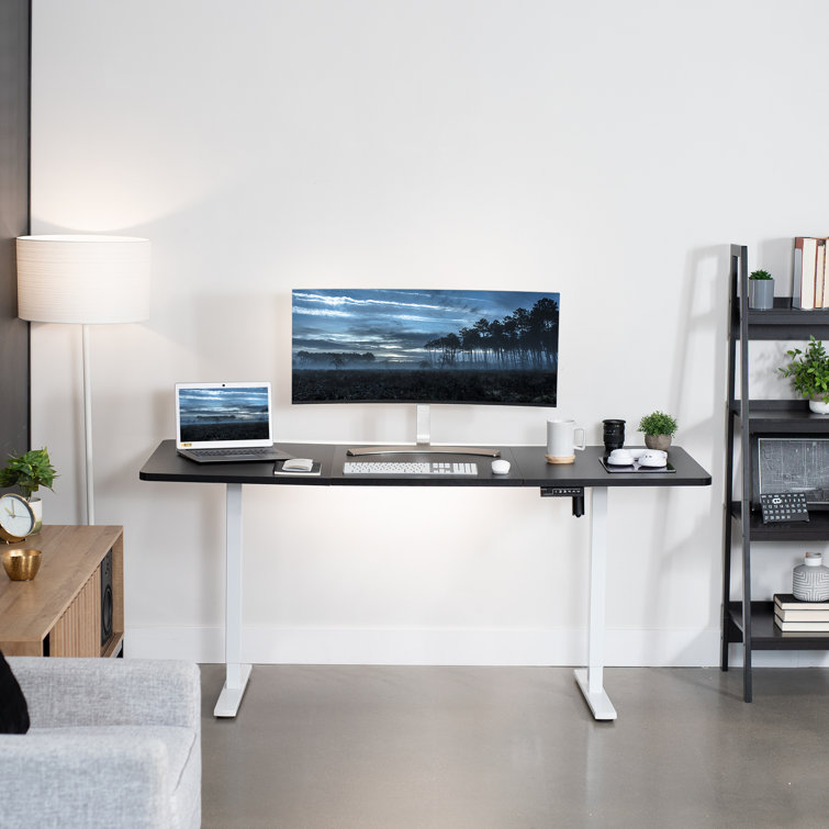 White and Black Adjustable Height Electric Standing Desk with Wood Top