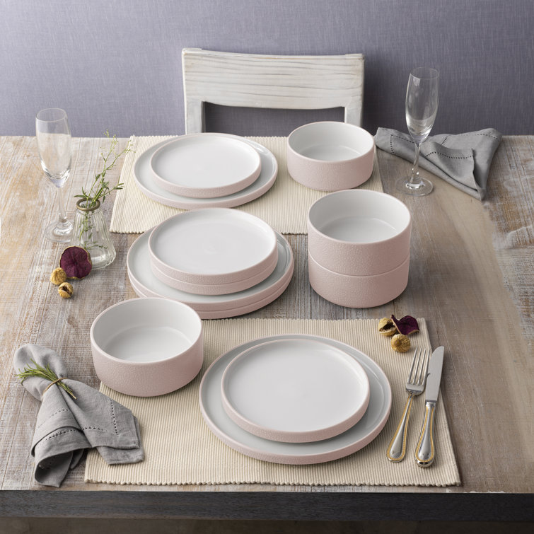 Blush and White Porcelain 12-Piece Textured Dinnerware Set