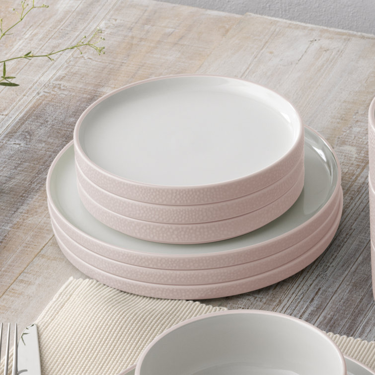 Blush and White Porcelain 12-Piece Textured Dinnerware Set