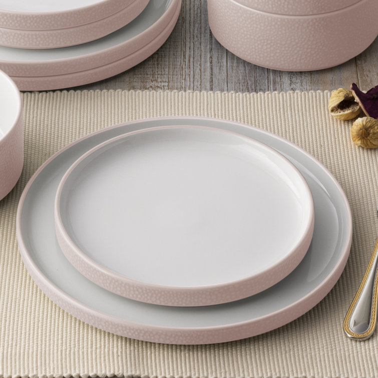 Blush and White Porcelain 12-Piece Textured Dinnerware Set