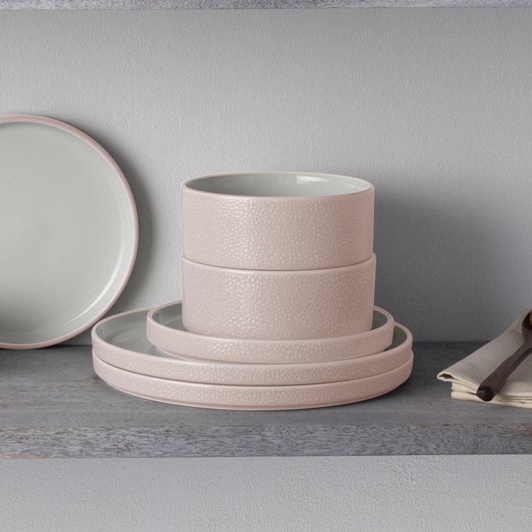Blush and White Porcelain 12-Piece Textured Dinnerware Set