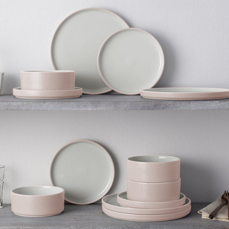 Blush and White Porcelain 12-Piece Textured Dinnerware Set