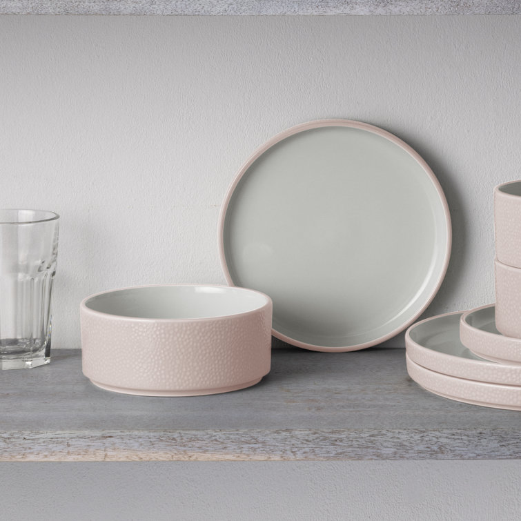 Blush and White Porcelain 12-Piece Textured Dinnerware Set