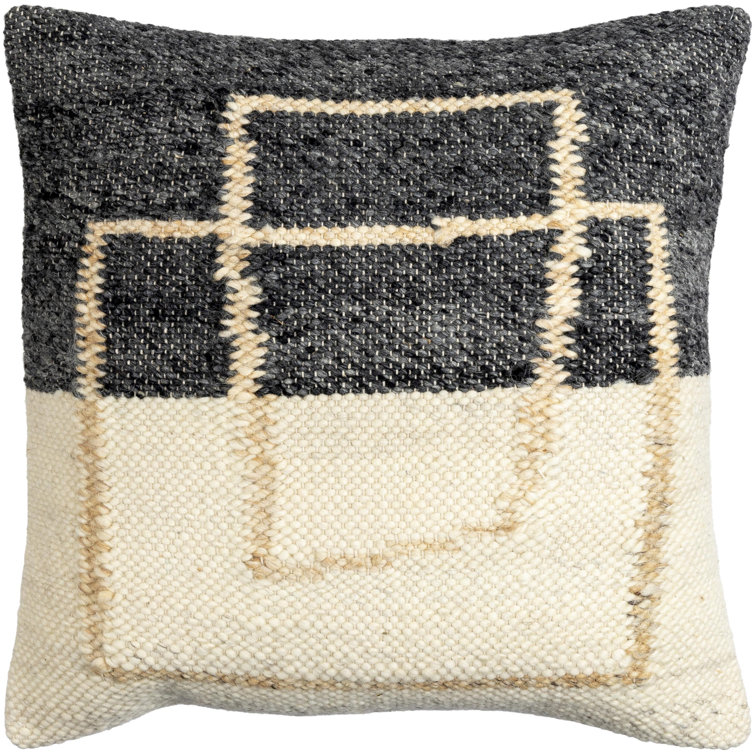 20" Black and Off-White Wool Blend Square Throw Pillow