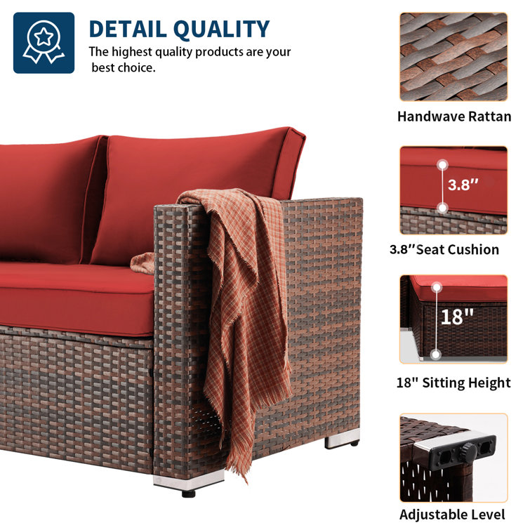 Wine Red 7-Piece Rattan Outdoor Sectional Sofa Set with Cushions