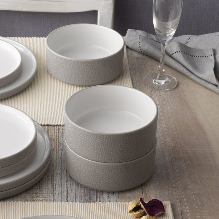 Taupe and White Porcelain 12-Piece Dinnerware Set, Service for 4