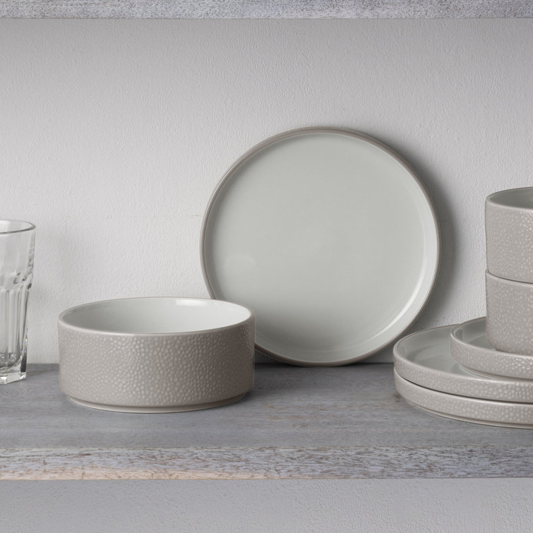 Taupe and White Porcelain 12-Piece Dinnerware Set, Service for 4