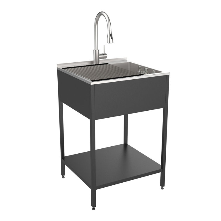 24'' Matte Black Stainless Steel Freestanding Laundry Sink with Washstand