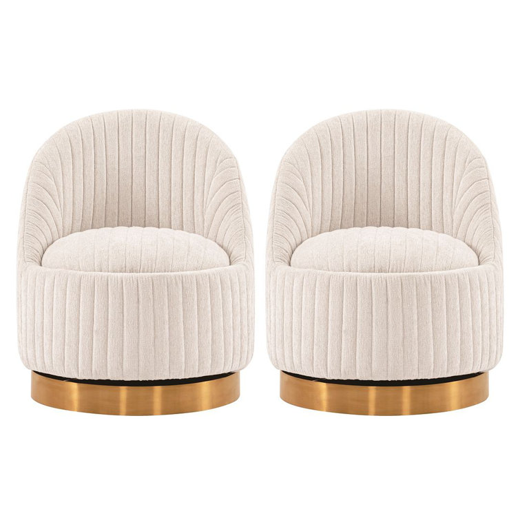 Cream Boucle Swivel Barrel Chairs with Gold Base, Set of 2