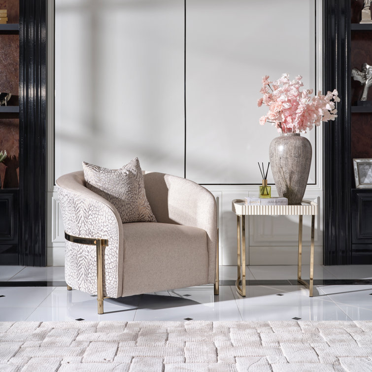 Lisbon Beige Animal Print Chenille Accent Chair with Gold Metal Frame