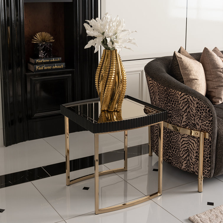 Silken Matte Black and Gold Mirrored Square Side Table