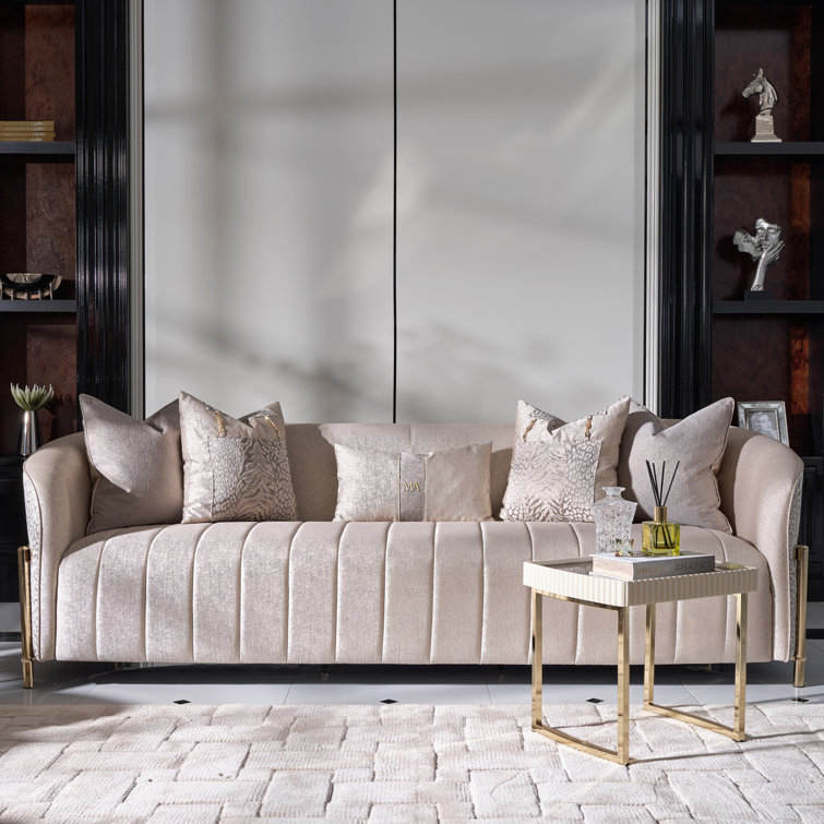 Lisbon 98'' Beige Chenille Round Arm Sofa with Gold Accents