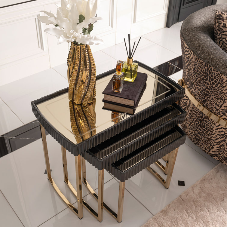 Black and Gold Mirrored Metal Nesting Tables Set