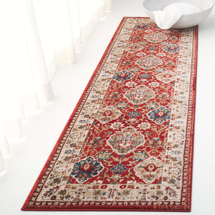 Elegant Red and Beige Floral Synthetic Runner Rug, 2'2" x 8'