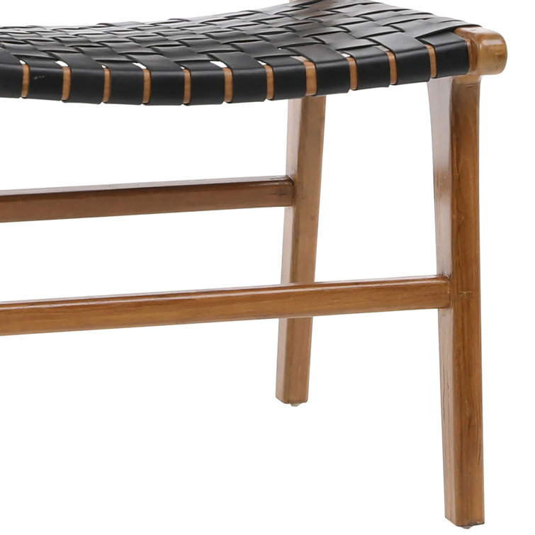 Black Leather Woven Upholstered Side Chair with Natural Wood Frame