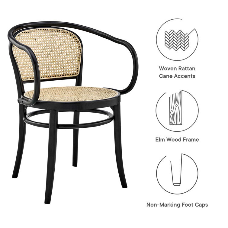 Black Elm Wood & Rattan Cane Low Arm Chair
