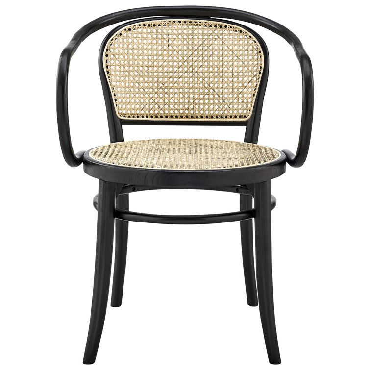 Black Elm Wood & Rattan Cane Low Arm Chair