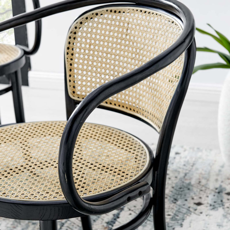 Black Elm Wood & Rattan Cane Low Arm Chair