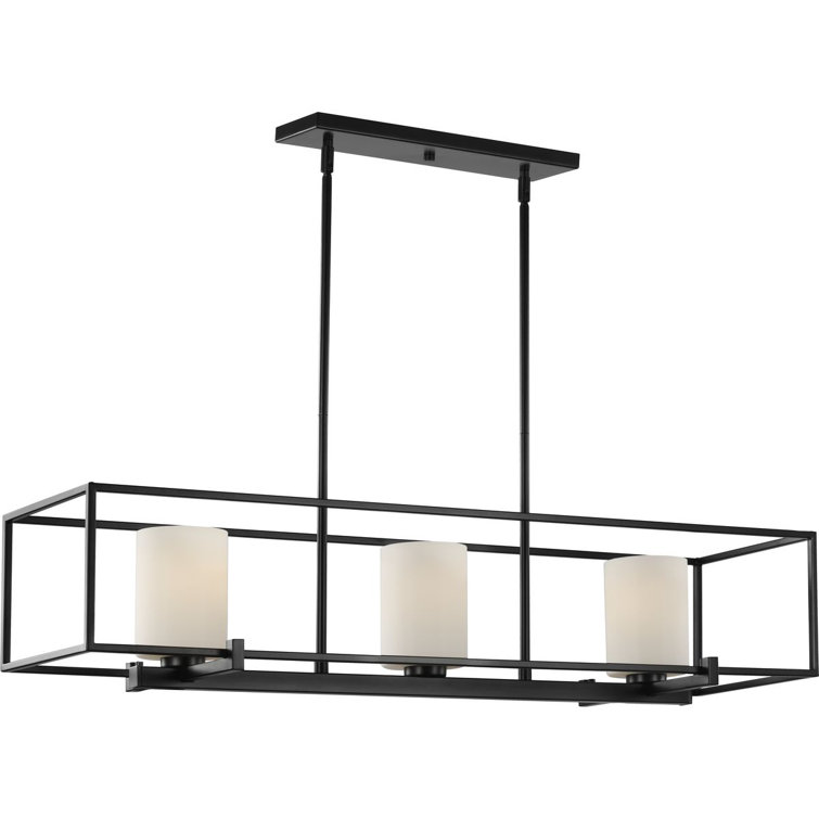 Matte Black Steel Linear Chandelier with Opal Glass Shades