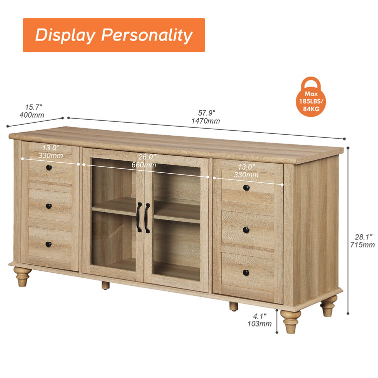 Oak 58" Wide Glass Door Sideboard with Adjustable Shelves