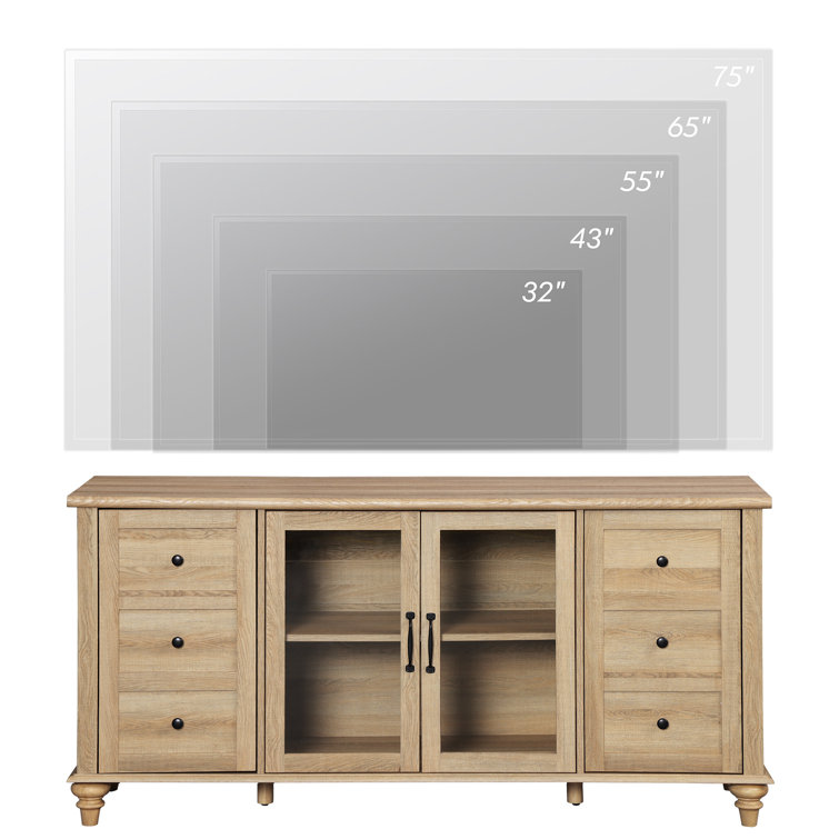 Oak 58" Wide Glass Door Sideboard with Adjustable Shelves