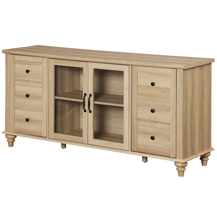 Oak 58" Wide Glass Door Sideboard with Adjustable Shelves
