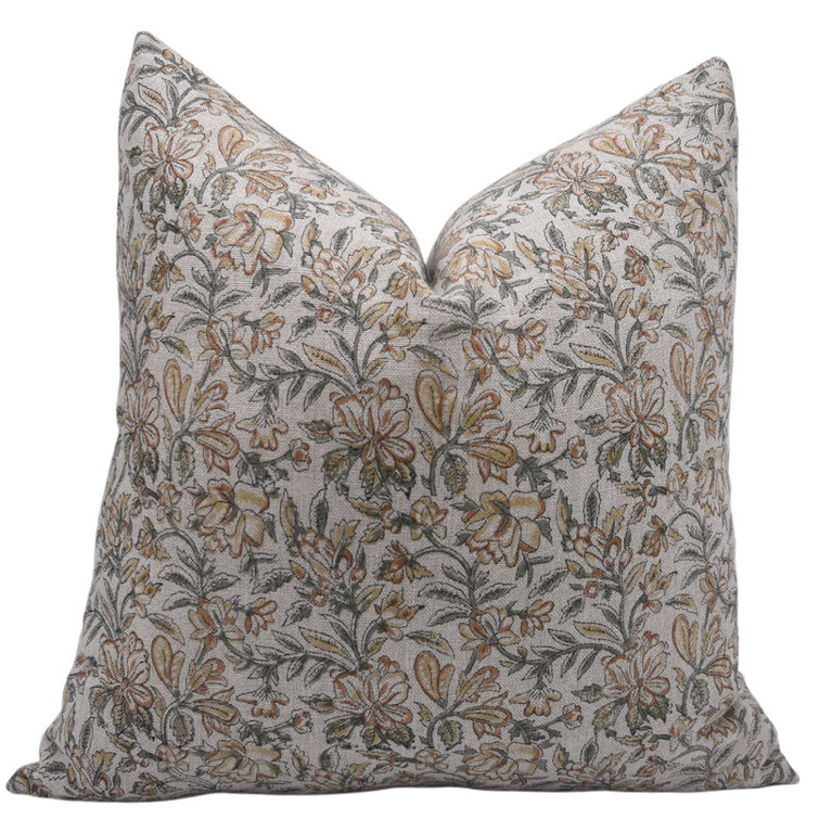 Light Green Floral Linen 14x14 Pillow Cover