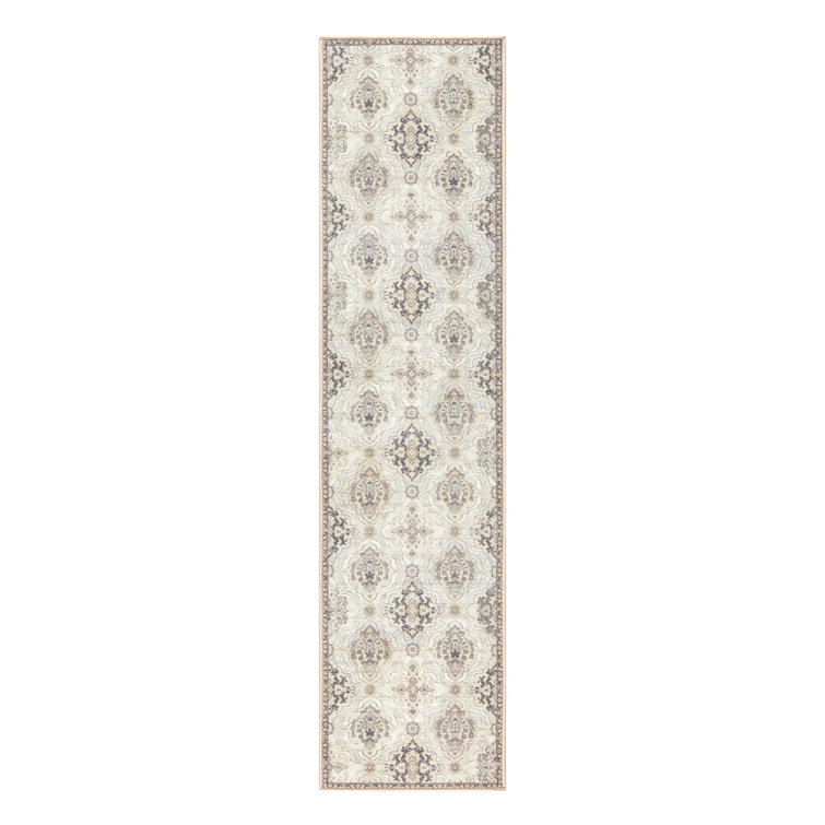 Beige Tufted Medallion Washable Runner Rug with Non-Slip Backing