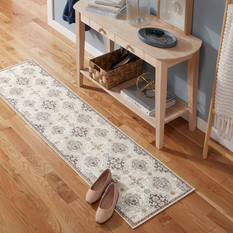 Beige Tufted Medallion Washable Runner Rug with Non-Slip Backing