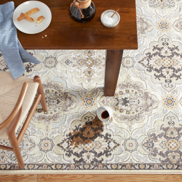 Beige Tufted Medallion Washable Runner Rug with Non-Slip Backing