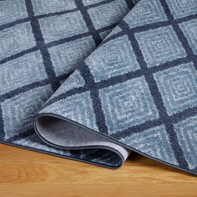 Blue Diamond Pattern 8' x 10' Washable Polyester Area Rug