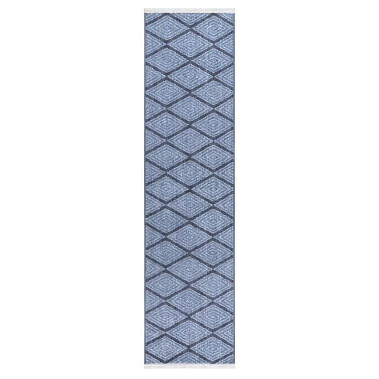 Blue Diamond Pattern Non-Slip Washable Polyester Runner Rug