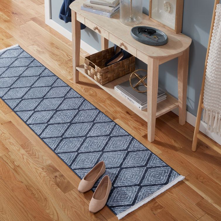 Blue Diamond Pattern Non-Slip Washable Polyester Runner Rug