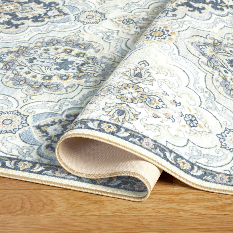 Avani Gray and Blue Medallion Washable Synthetic Area Rug 5' x 7'
