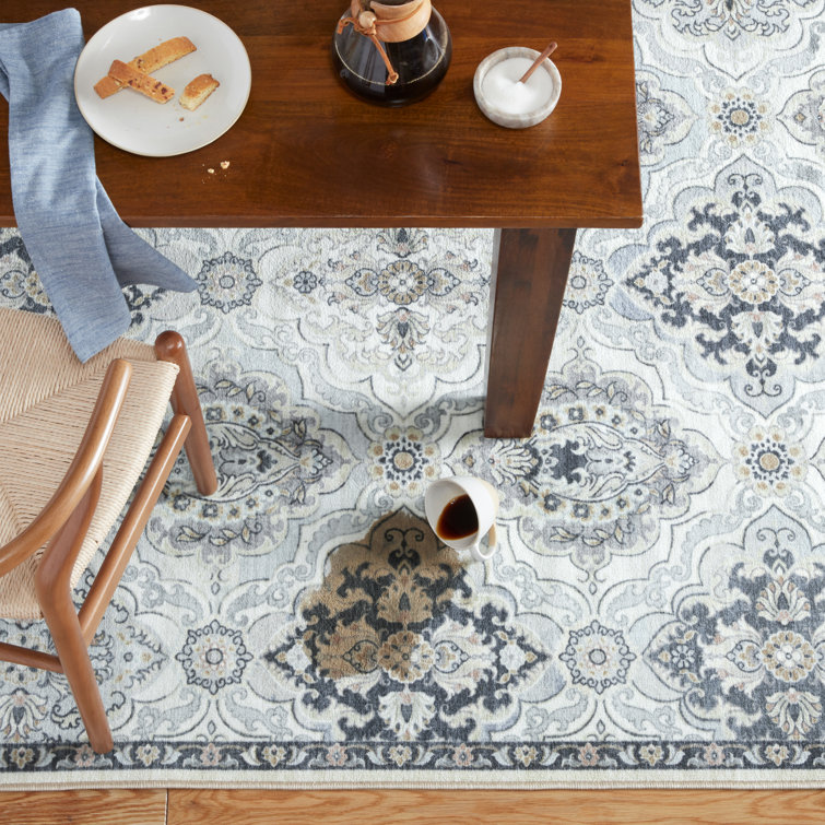 Avani Gray and Blue Medallion Washable Synthetic Area Rug 5' x 7'