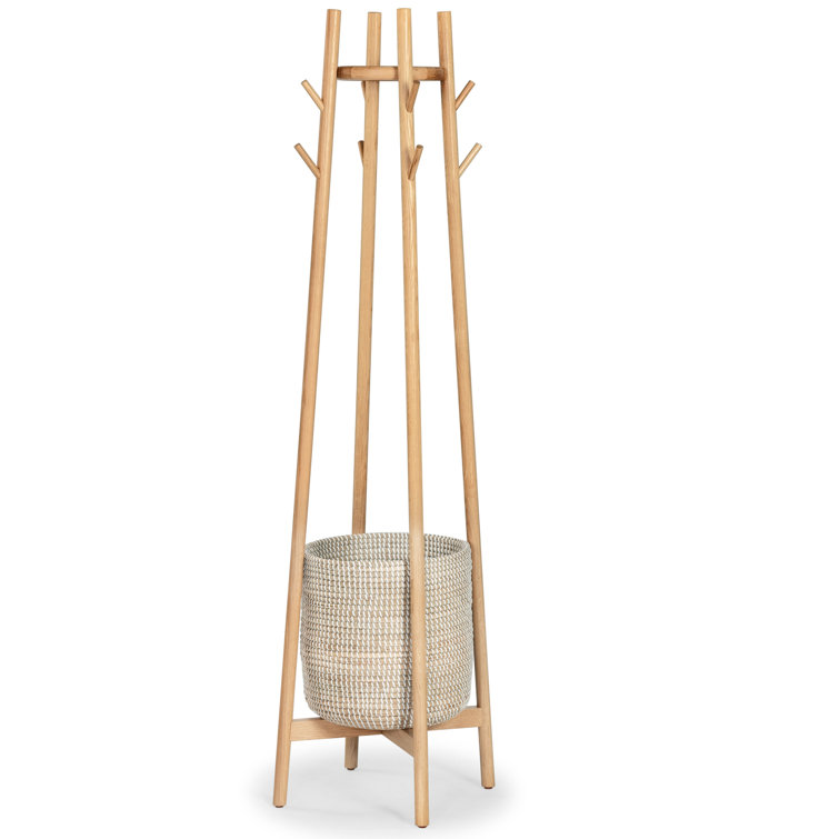 Natural Oak Coat Rack with Woven Basket and Eight Hooks