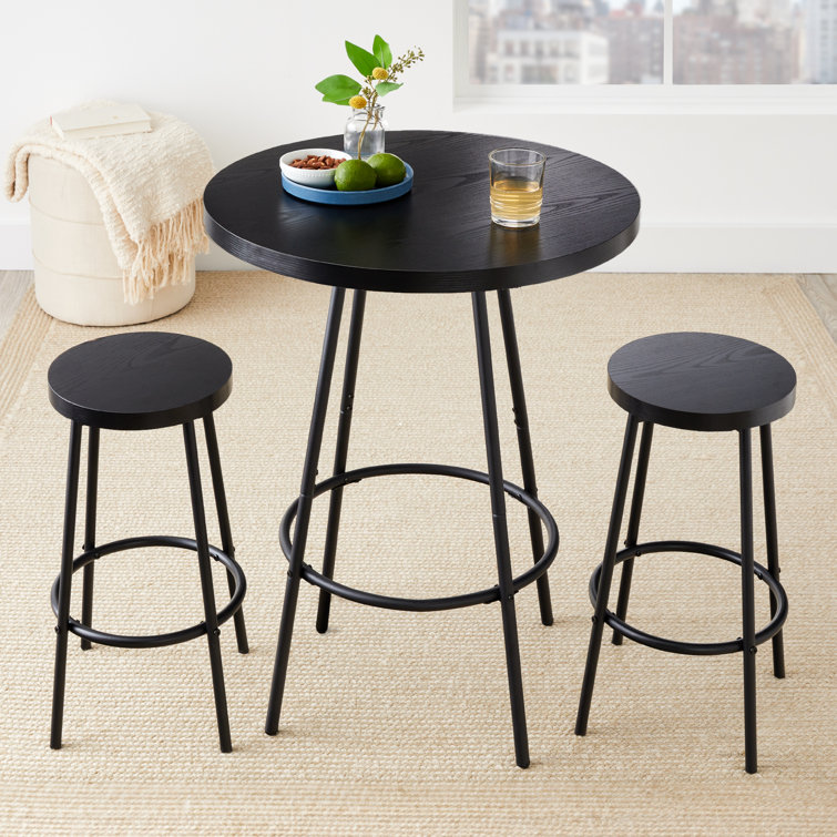 Black Modern Round Counter Height Pub Table Set with 2 Stools