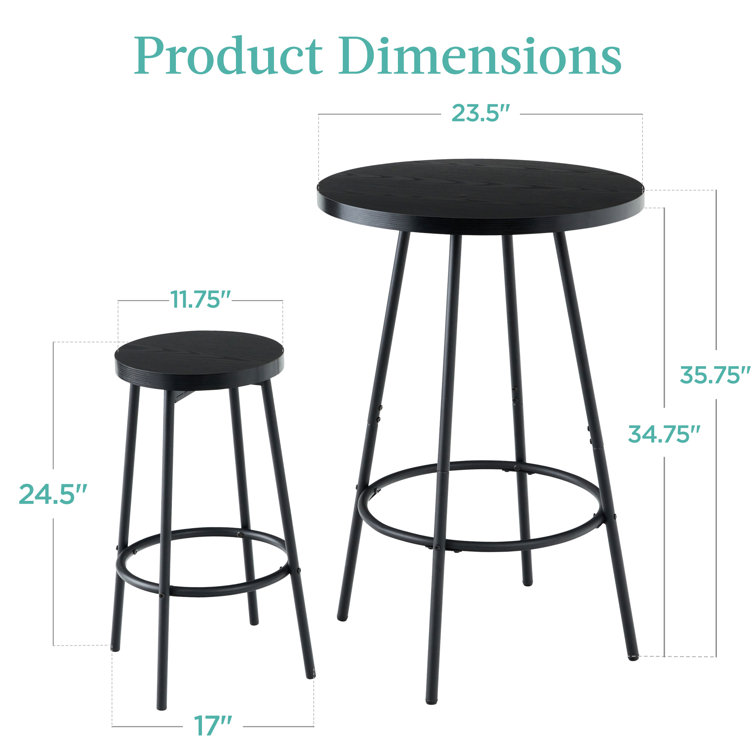 Black Modern Round Counter Height Pub Table Set with 2 Stools
