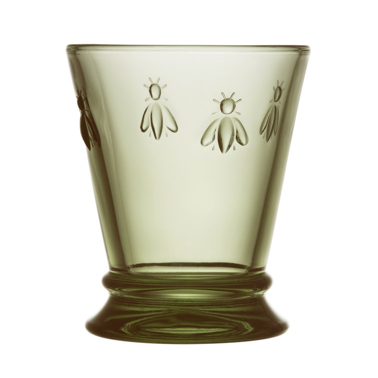 Olive Green Embossed Bee Glass Tumblers, Set of 6
