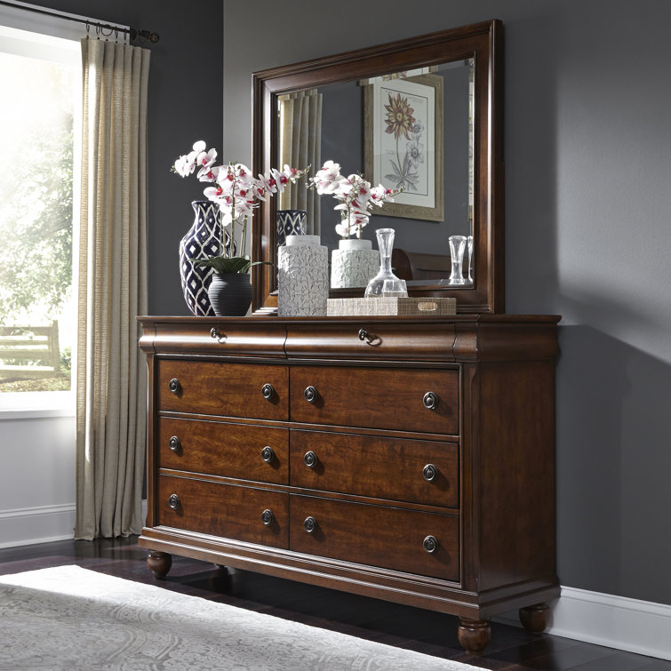 Rustic Cherry 64" Solid Wood 8-Drawer Dresser
